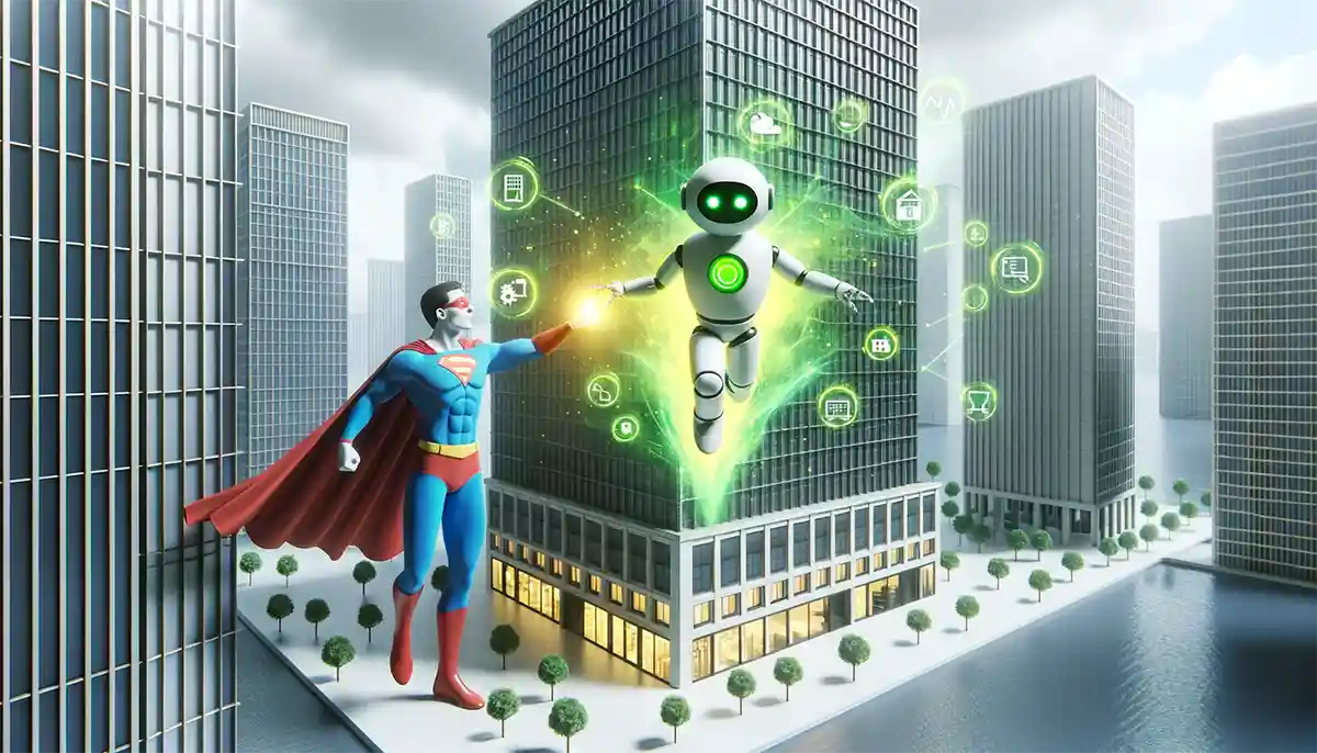 AI and Chatbot as superheroes in modern building management, highlighting their roles in energy optimization, predictive maintenance, and enhancing occupant comfort in smart buildings.